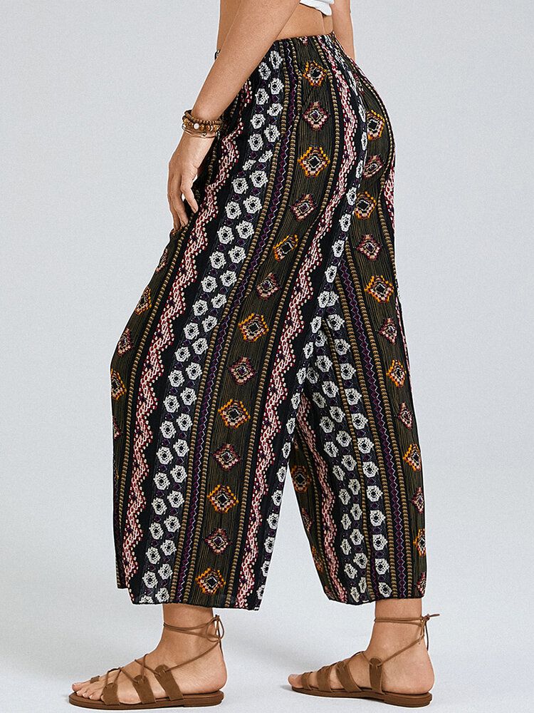 Pantalones De Salón De Pierna Ancha Elásticos De Cintura Alta Con Estampado Étnico Bohemio Para Mujer