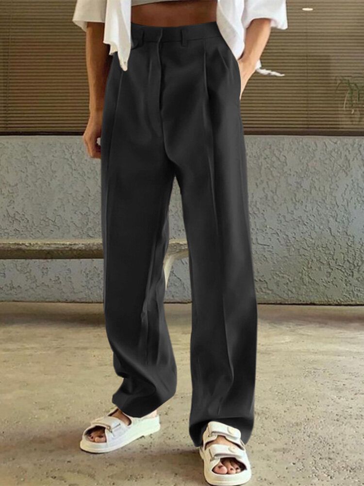 Pantalones Sólidos Casuales Con Bolsillo Lateral Plisado De Cintura Alta Con Cremallera Para Mujer