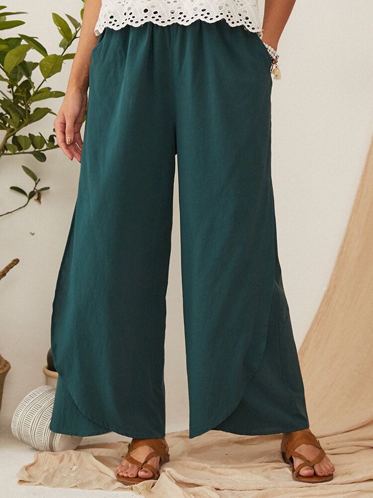 Pantalones Sólidos De Pierna Ancha Con Bolsillo De Cintura Elástica Suelta Informal Para Mujer