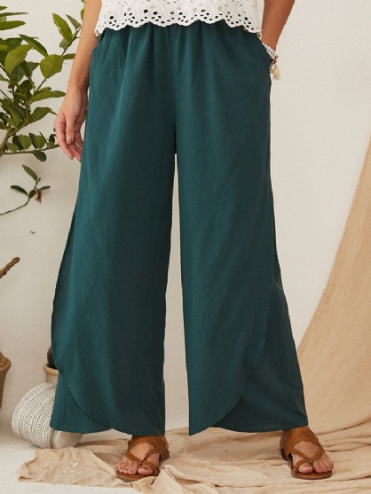 Pantalones Sólidos De Pierna Ancha Con Bolsillo De Cintura Elástica Suelta Informal Para Mujer