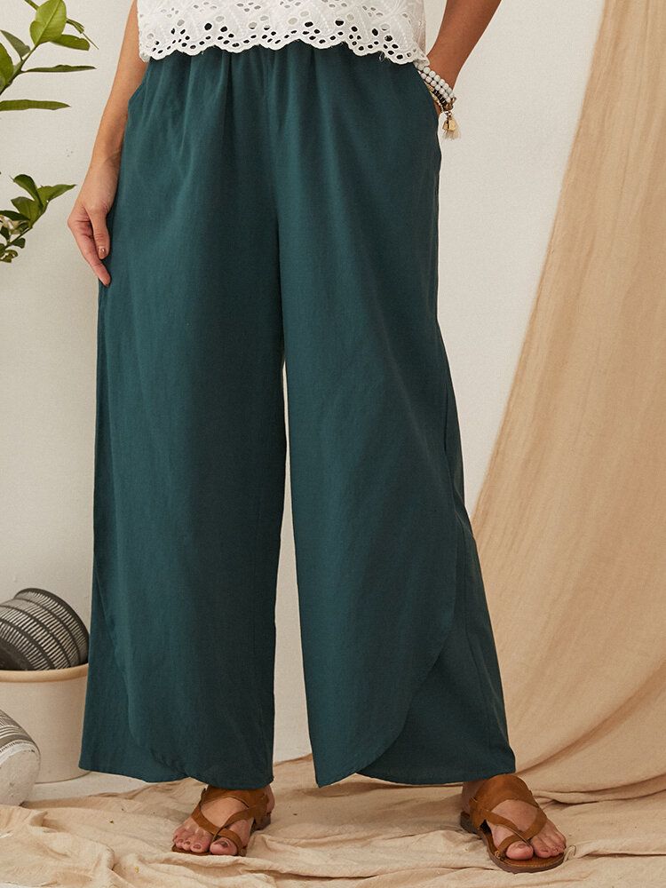 Pantalones Sólidos De Pierna Ancha Con Bolsillo De Cintura Elástica Suelta Informal Para Mujer