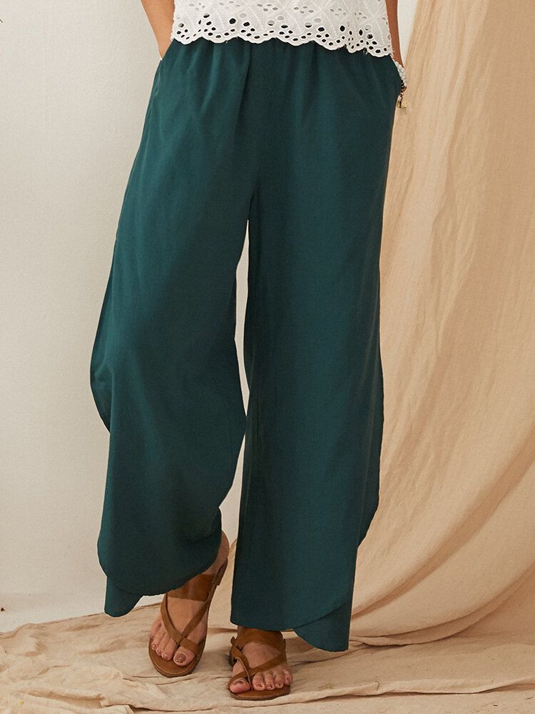 Pantalones Sólidos De Pierna Ancha Con Bolsillo De Cintura Elástica Suelta Informal Para Mujer