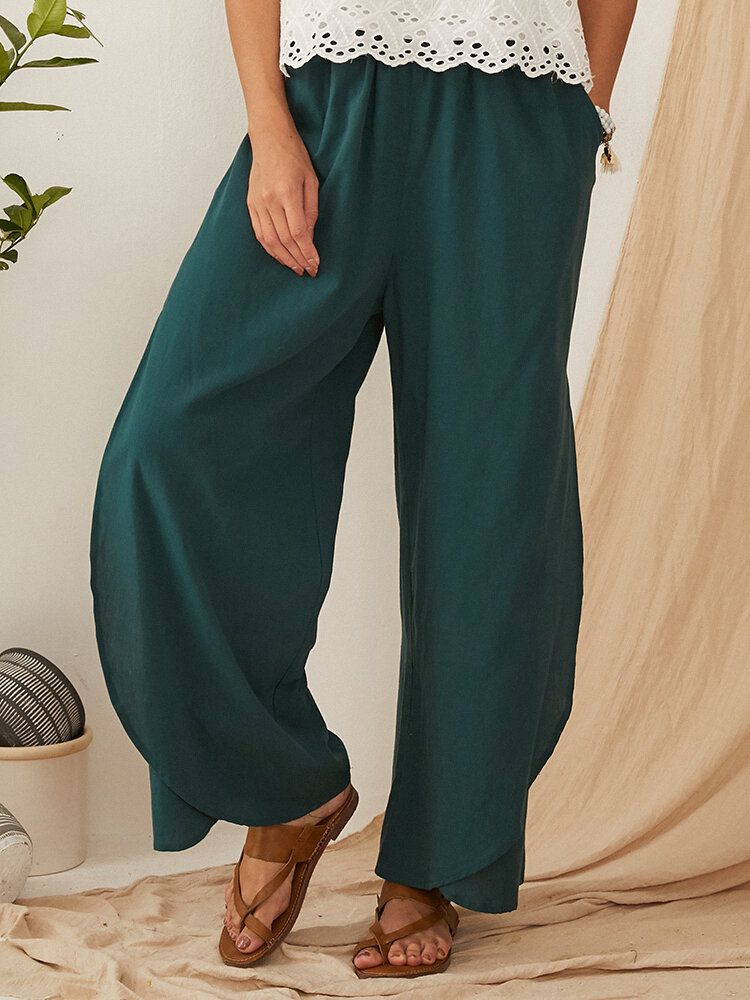 Pantalones Sólidos De Pierna Ancha Con Bolsillo De Cintura Elástica Suelta Informal Para Mujer