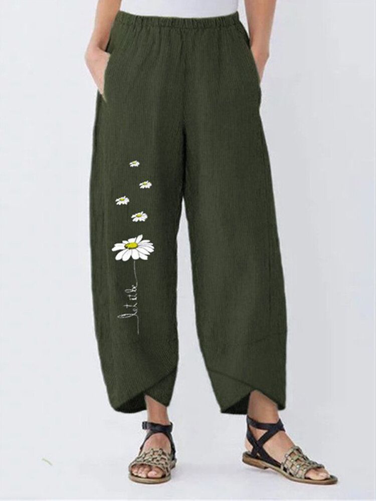 Pantalones Sueltos Casuales De Cintura Elástica De Algodón Con Estampado De Flores Para Mujer