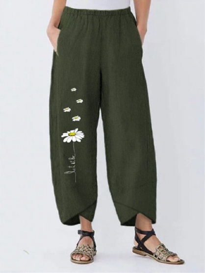 Pantalones Sueltos Casuales De Cintura Elástica De Algodón Con Estampado De Flores Para Mujer