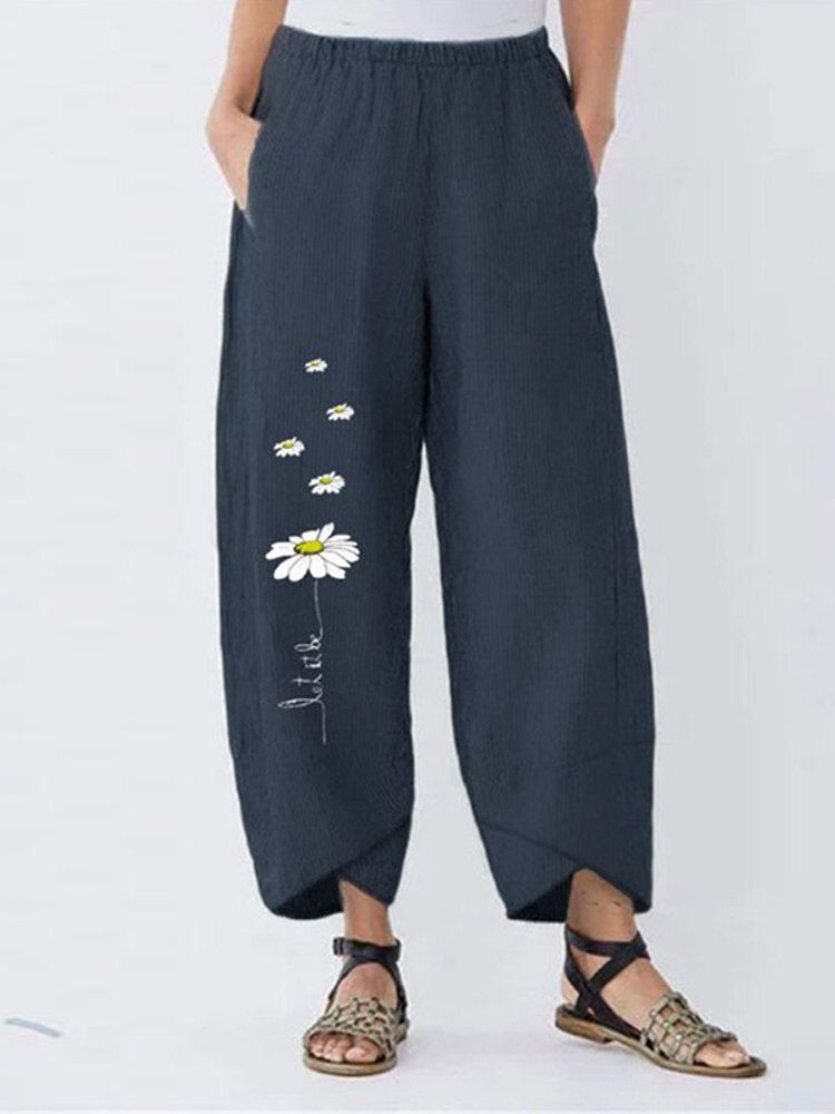 Pantalones Sueltos Casuales De Cintura Elástica De Algodón Con Estampado De Flores Para Mujer