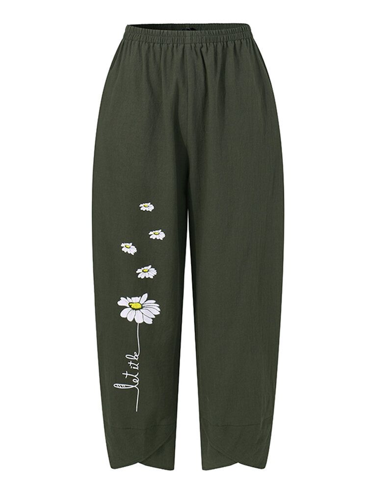 Pantalones Sueltos Casuales De Cintura Elástica De Algodón Con Estampado De Flores Para Mujer