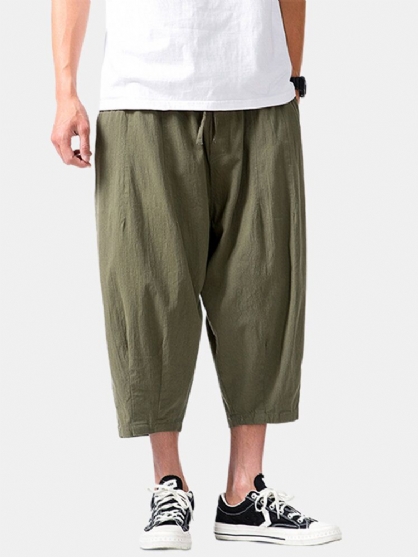 Pantalones Sueltos Casuales Hasta La Pantorrilla Con Bolsillo Con Cordón De Color Sólido Vintage Para Hombre