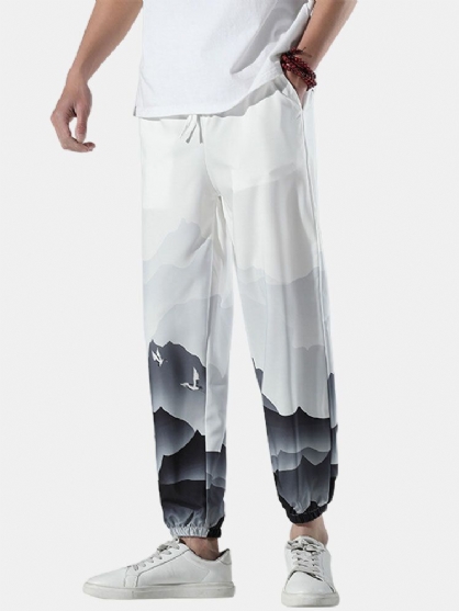 Pantalones Sueltos Con Cordón Con Estampado De Paisaje Informal Para Hombre