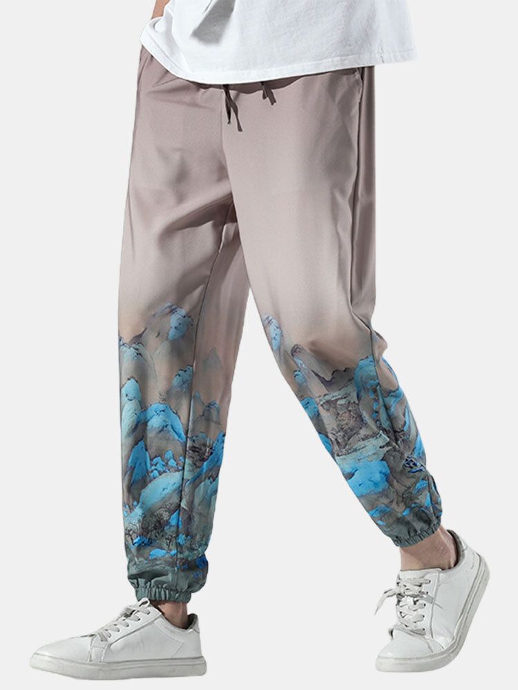 Pantalones Sueltos Con Cordón Con Estampado De Paisaje Informal Para Hombre