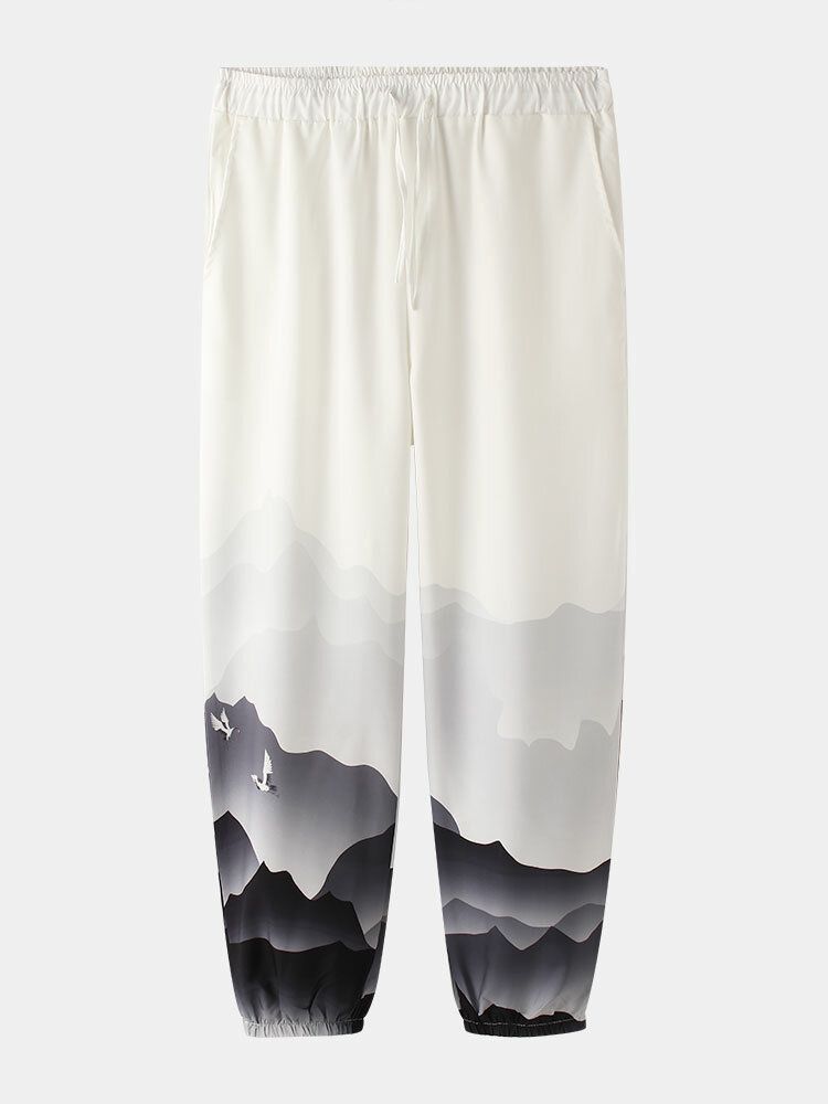 Pantalones Sueltos Con Cordón Con Estampado De Paisaje Informal Para Hombre