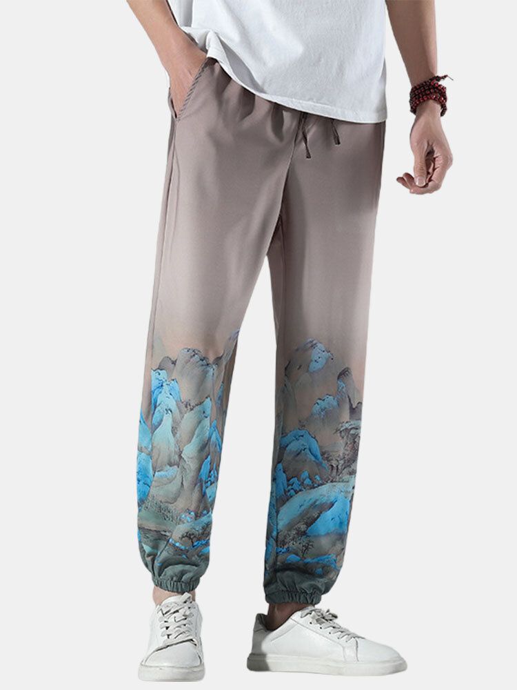 Pantalones Sueltos Con Cordón Con Estampado De Paisaje Informal Para Hombre