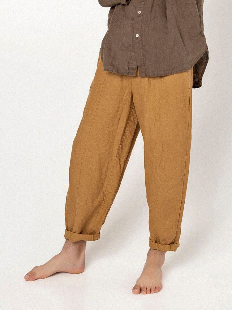 Pantalones Sueltos Con Cordón Informal 100% Algodón Con Costura De Color Puro Para Hombre