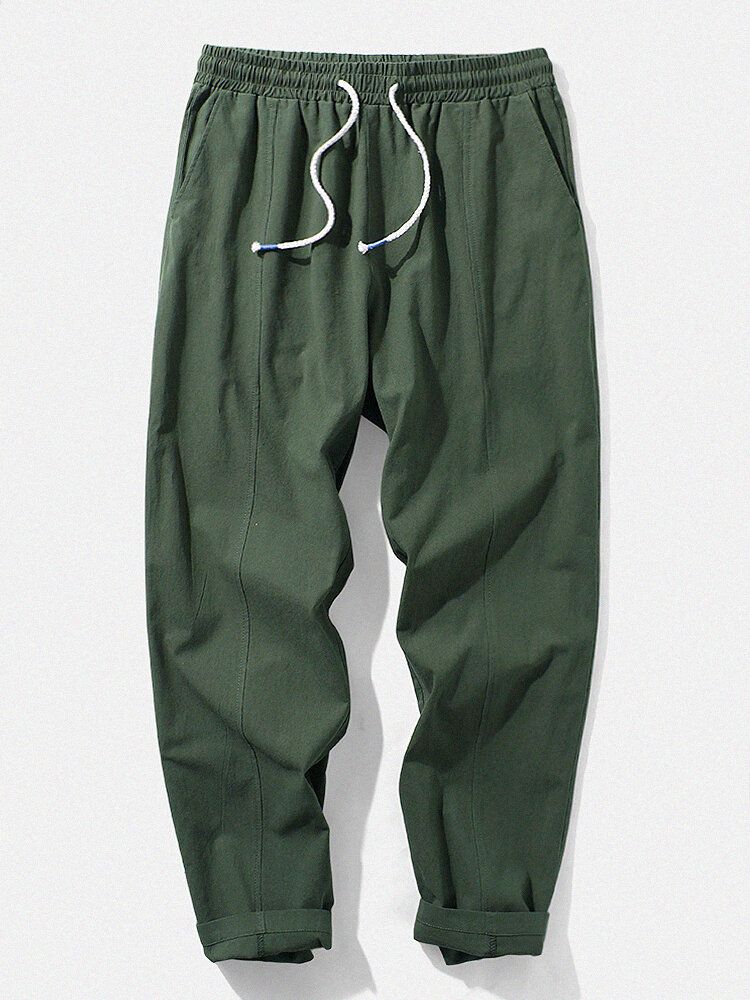 Pantalones Sueltos Con Cordón Informal 100% Algodón Con Costura De Color Puro Para Hombre