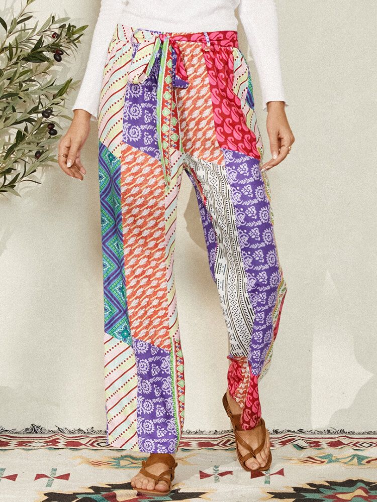 Pantalones Sueltos De Estilo Étnico Con Cinturón Y Estampado De Bloques De Color Para Mujer