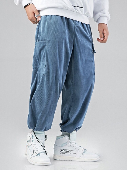 Pantalones Tipo Jogger Cargo De Pana De Color Sólido Con Múltiples Bolsillos Y Cordón De Cintura Elástica Para Hombre