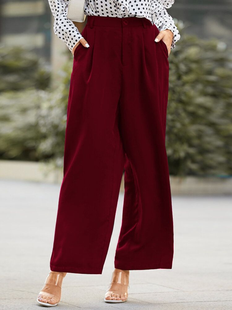 Pantalones De Traje De Pierna Ancha Holgados Casuales De Color Sólido De Cintura Alta Para Mujer Pantalones De Traje Con Bolsillo