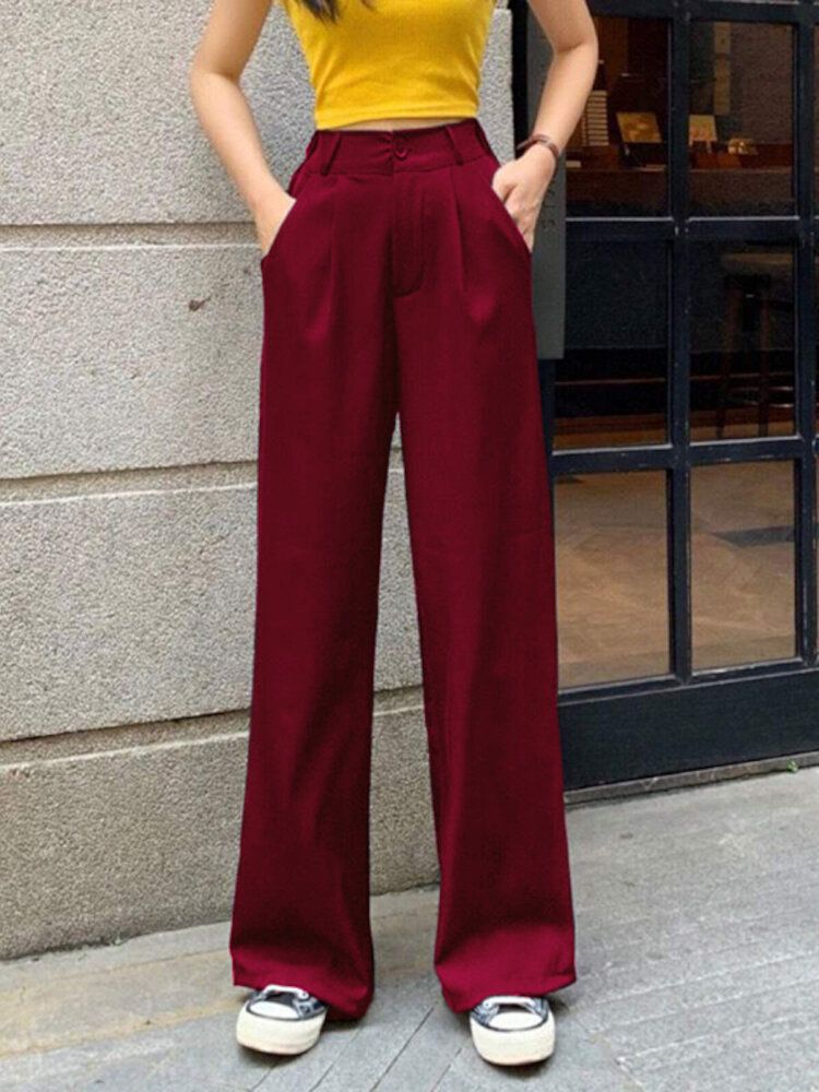 Pantalones De Traje De Pierna Ancha Holgados Casuales De Color Sólido De Cintura Alta Para Mujer Pantalones De Traje Con Bolsillo