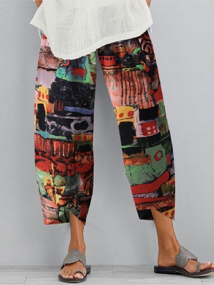 Pantalones Vintage De Bolsillo Con Dobladillo Irregular Dividido Suelto Con Cintura Elástica Con Estampado Floral Para Mujer