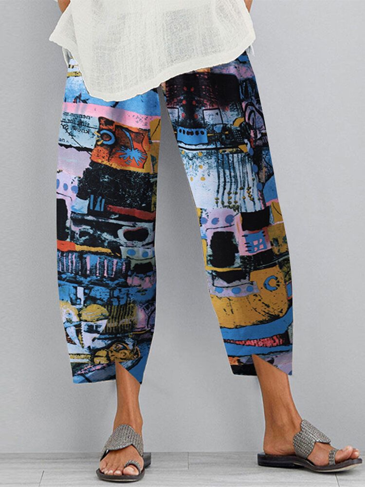 Pantalones Vintage De Bolsillo Con Dobladillo Irregular Dividido Suelto Con Cintura Elástica Con Estampado Floral Para Mujer