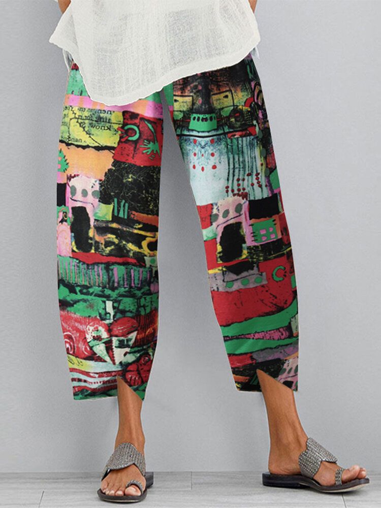 Pantalones Vintage De Bolsillo Con Dobladillo Irregular Dividido Suelto Con Cintura Elástica Con Estampado Floral Para Mujer