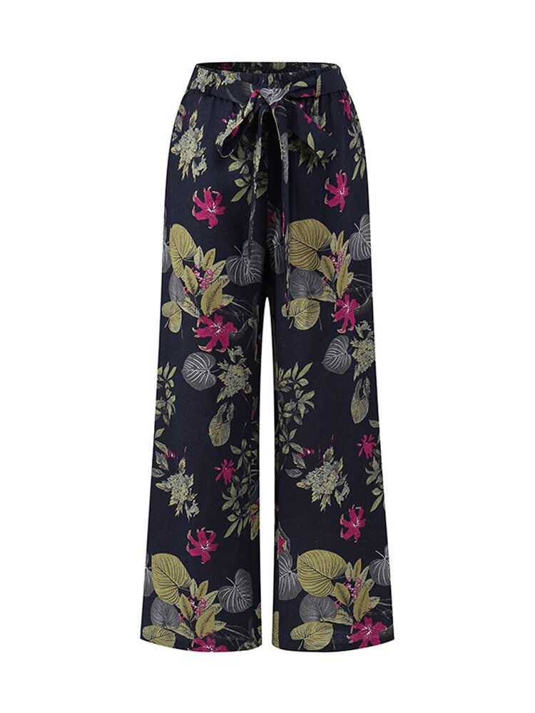 Pantalones Vintage De Cintura Alta Elástica Con Estampado Floral Y Bolsillo Lateral Con Cinturón Para Mujer