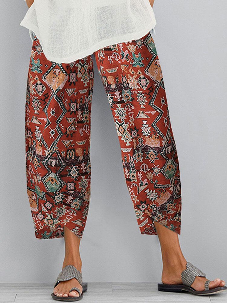 Pantalones Vintage De Cintura Elástica Con Bolsillo Lateral Y Dobladillo Irregular Para Mujer