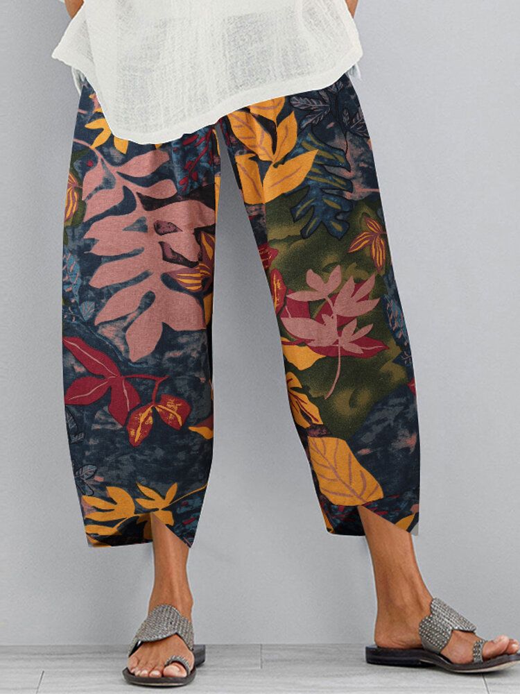 Pantalones Vintage Con Bolsillo Con Dobladillo Irregular Y Cintura Elástica Con Estampado Floral Para Mujer