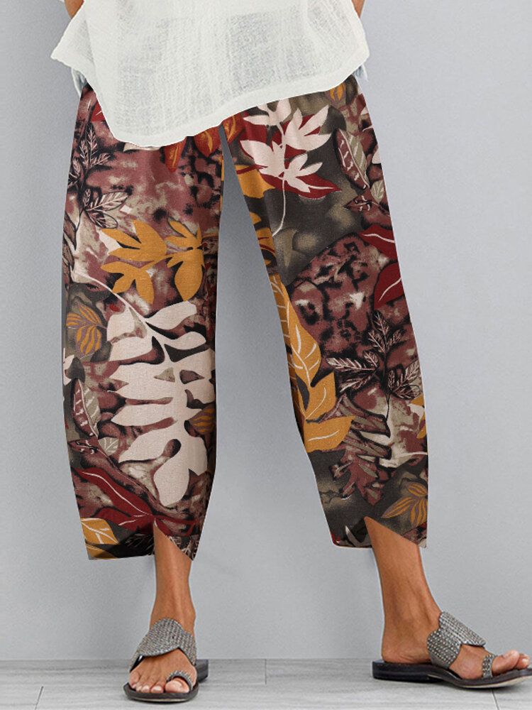 Pantalones Vintage Con Bolsillo Con Dobladillo Irregular Y Cintura Elástica Con Estampado Floral Para Mujer