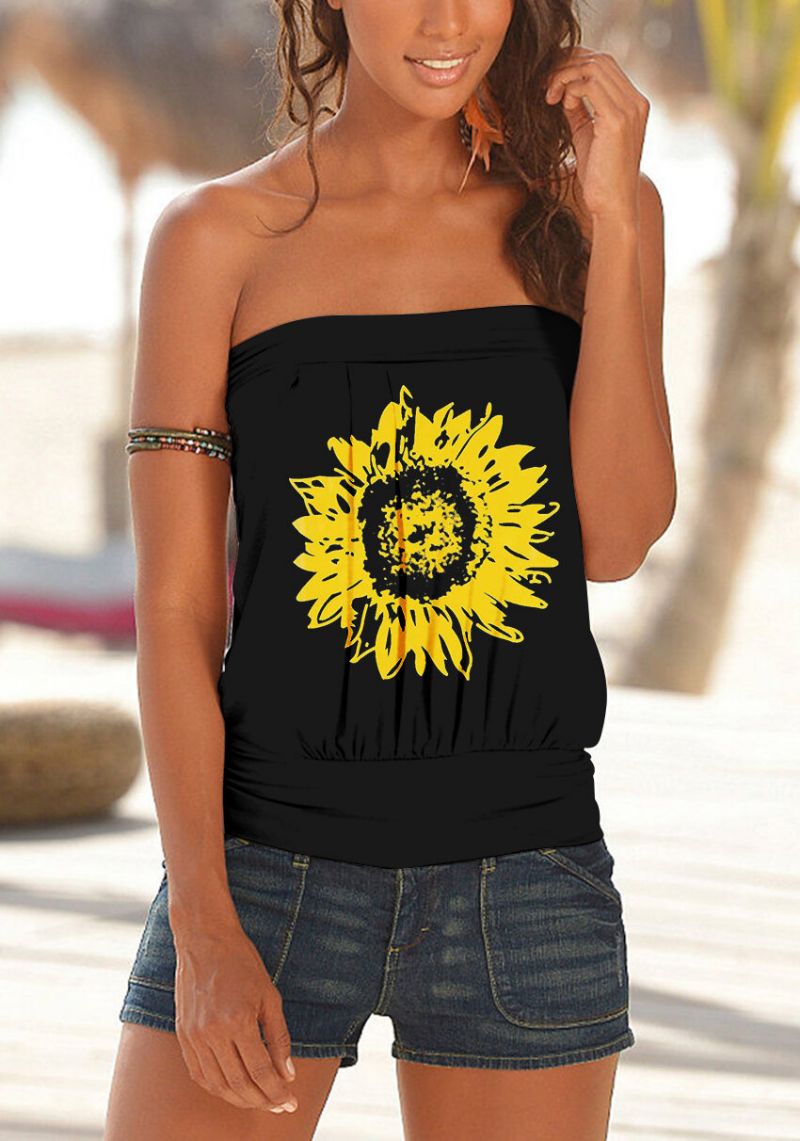 Cami Casual De Verano Sin Mangas Con Estampado De Girasol Sin Tirantes Para Mujer