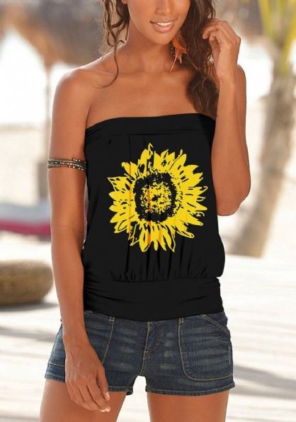 Cami Casual De Verano Sin Mangas Con Estampado De Girasol Sin Tirantes Para Mujer