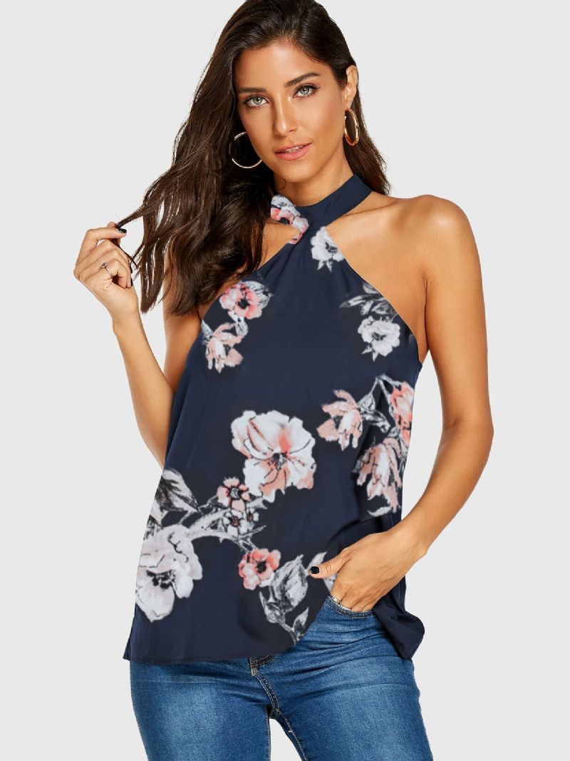 Cami Sin Mangas Con Cuello Halter Y Estampado Floral Al Azar Casual Para Mujer