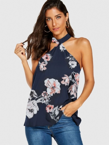 Cami Sin Mangas Con Cuello Halter Y Estampado Floral Al Azar Casual Para Mujer