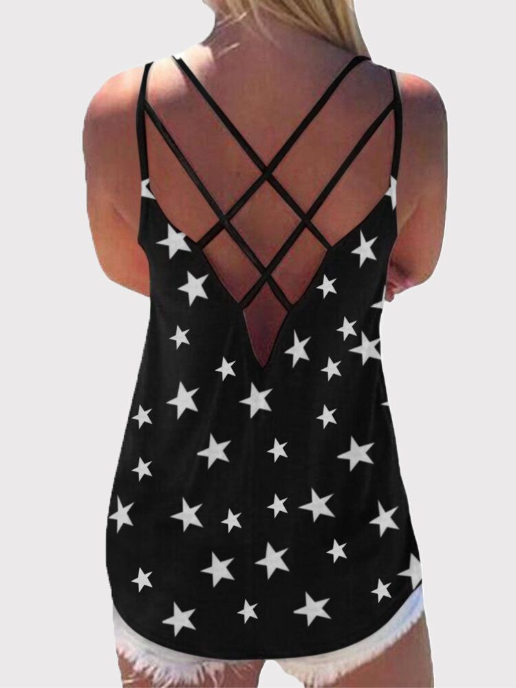 Camiseta Sin Mangas Con Estampado De Estrellas Y Espalda Cruzada Sin Mangas Informal Salvaje