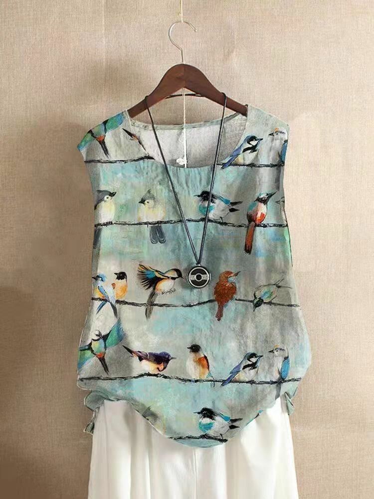 Camiseta Sin Mangas Informal Sin Mangas Con Cuello Redondo Y Algodón Con Estampado De Pájaros Para Mujer