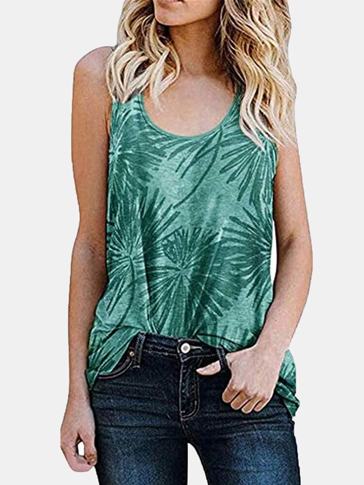 Camiseta Sin Mangas Informal Sin Mangas Con Cuello Redondo Y Estampado De Plantas Para Mujer