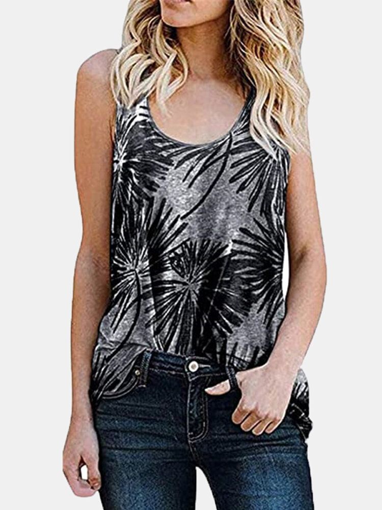 Camiseta Sin Mangas Informal Sin Mangas Con Cuello Redondo Y Estampado De Plantas Para Mujer