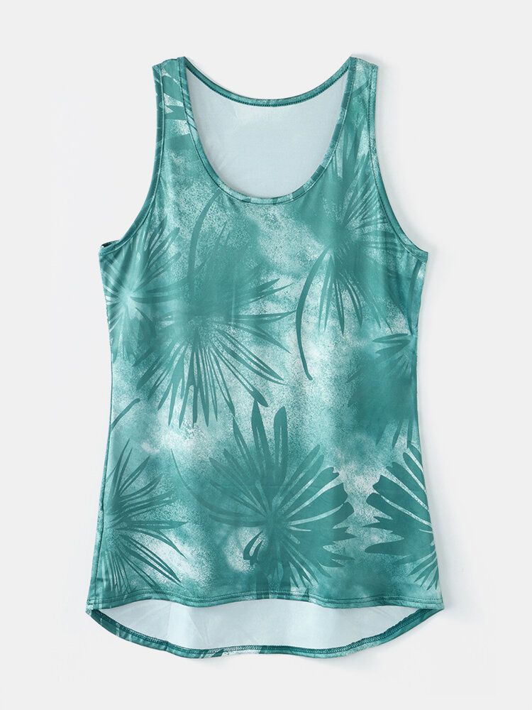 Camiseta Sin Mangas Informal Sin Mangas Con Cuello Redondo Y Estampado De Plantas Para Mujer