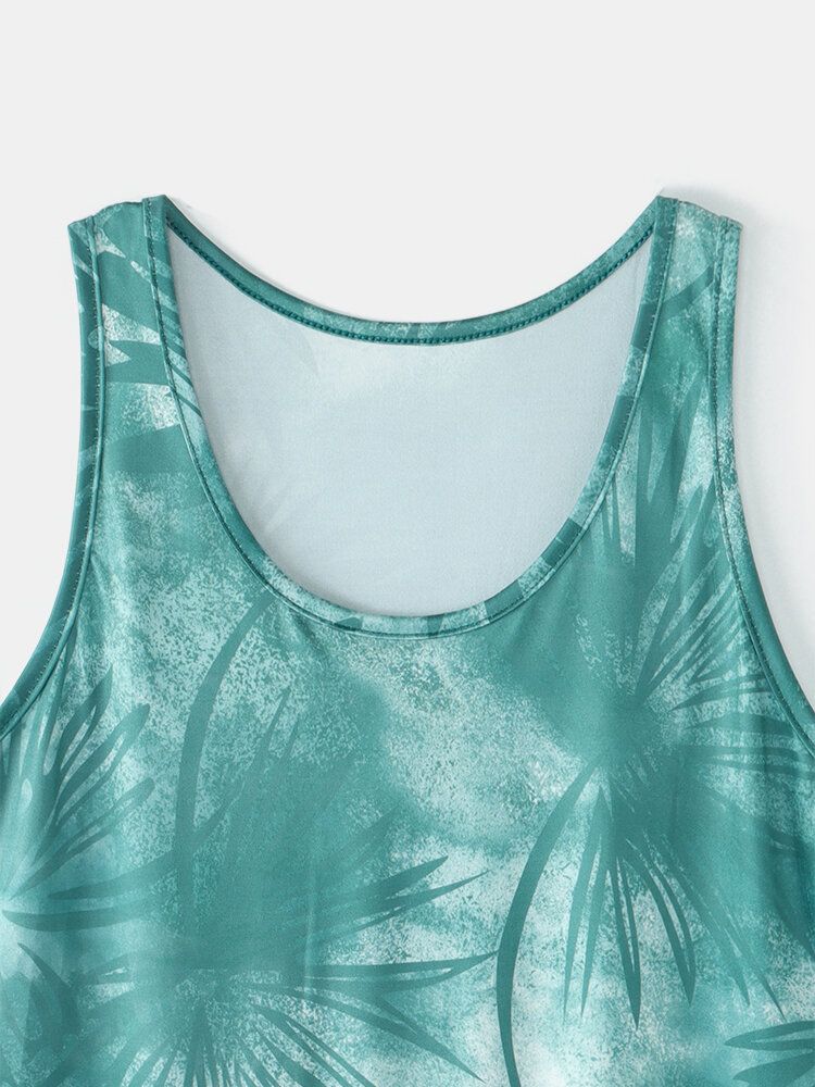 Camiseta Sin Mangas Informal Sin Mangas Con Cuello Redondo Y Estampado De Plantas Para Mujer