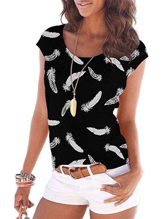 Camiseta Sin Mangas Informal Sin Mangas Con Cuello Redondo Y Estampado De Plumas Para Mujer