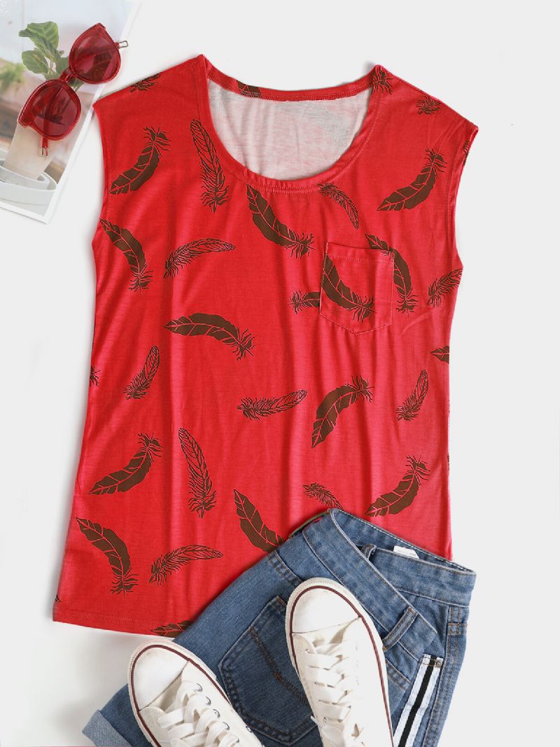 Camiseta Sin Mangas Informal Sin Mangas Con Cuello Redondo Y Estampado De Plumas Para Mujer