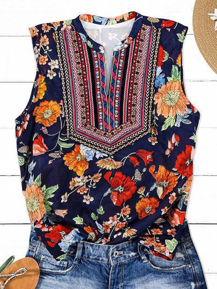 Camiseta Sin Mangas Informal Sin Mangas Con Estampado De Flores Bohemias Para Mujer