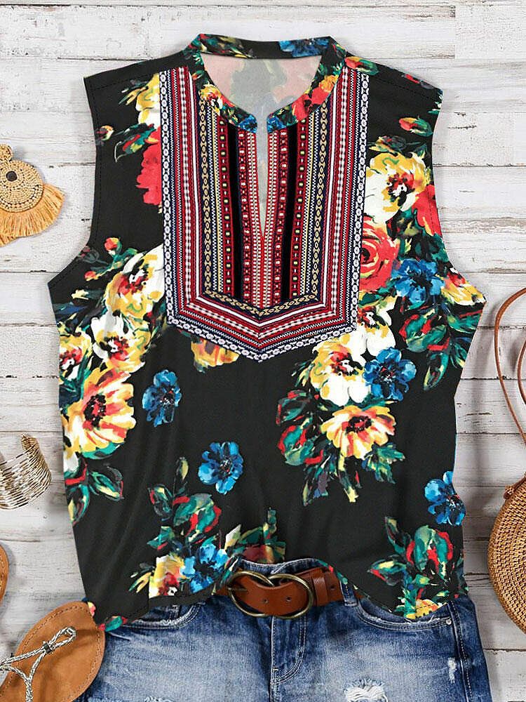 Camiseta Sin Mangas Informal Sin Mangas Con Estampado De Flores Bohemias Para Mujer