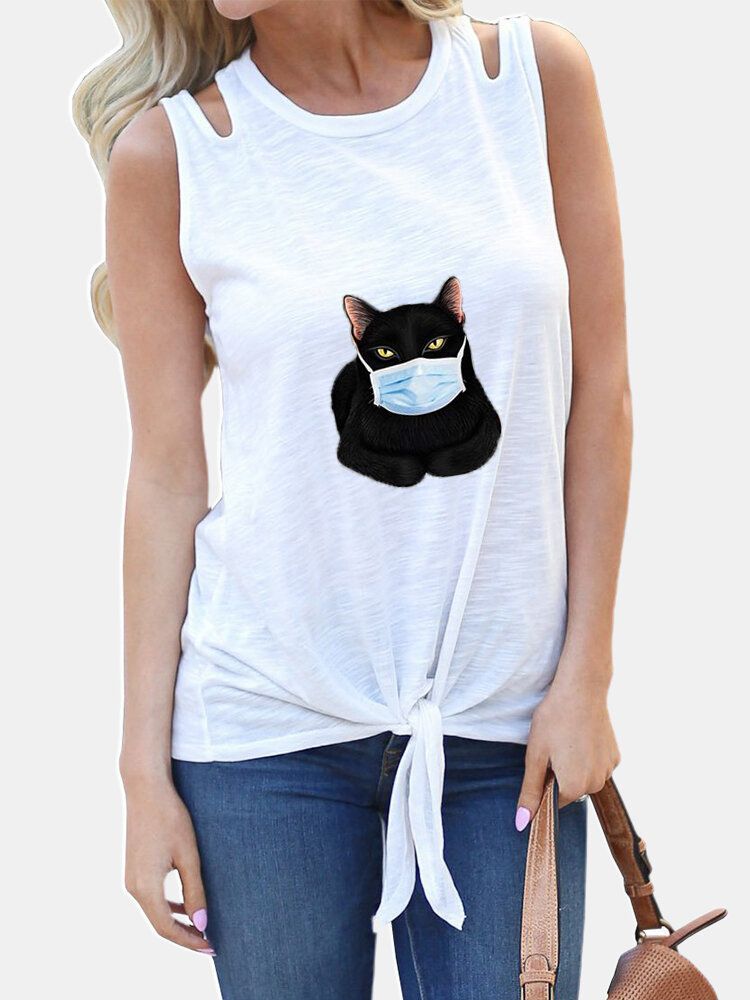 Camisetas Sin Mangas Casuales Sin Mangas Con Estampado De Gato De Dibujos Animados Para Mujer