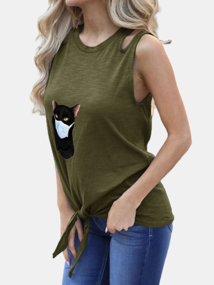 Camisetas Sin Mangas Casuales Sin Mangas Con Estampado De Gato De Dibujos Animados Para Mujer