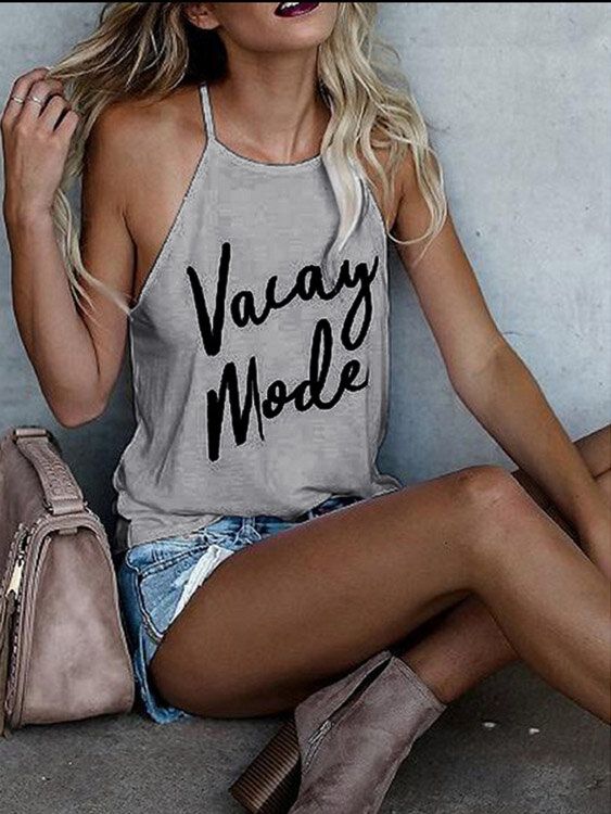 Camisetas Sin Mangas Informales Sueltas Con Cuello Halter Y Estampado De Letras