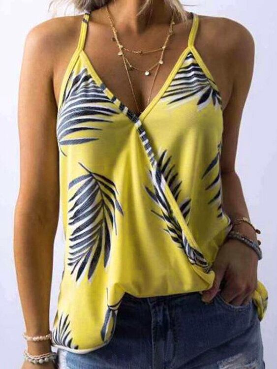 Camisetas Sin Mangas De Verano Sin Mangas Con Cuello En V Y Estampado De Plantas Tropicales