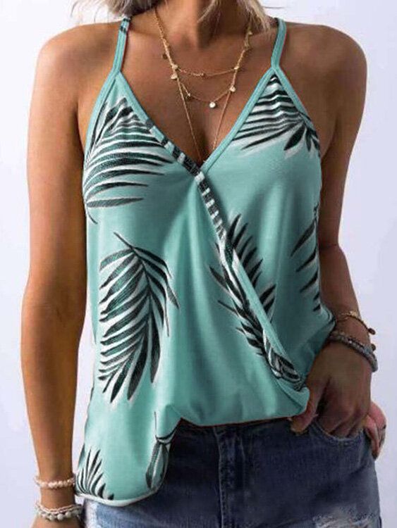 Camisetas Sin Mangas De Verano Sin Mangas Con Cuello En V Y Estampado De Plantas Tropicales