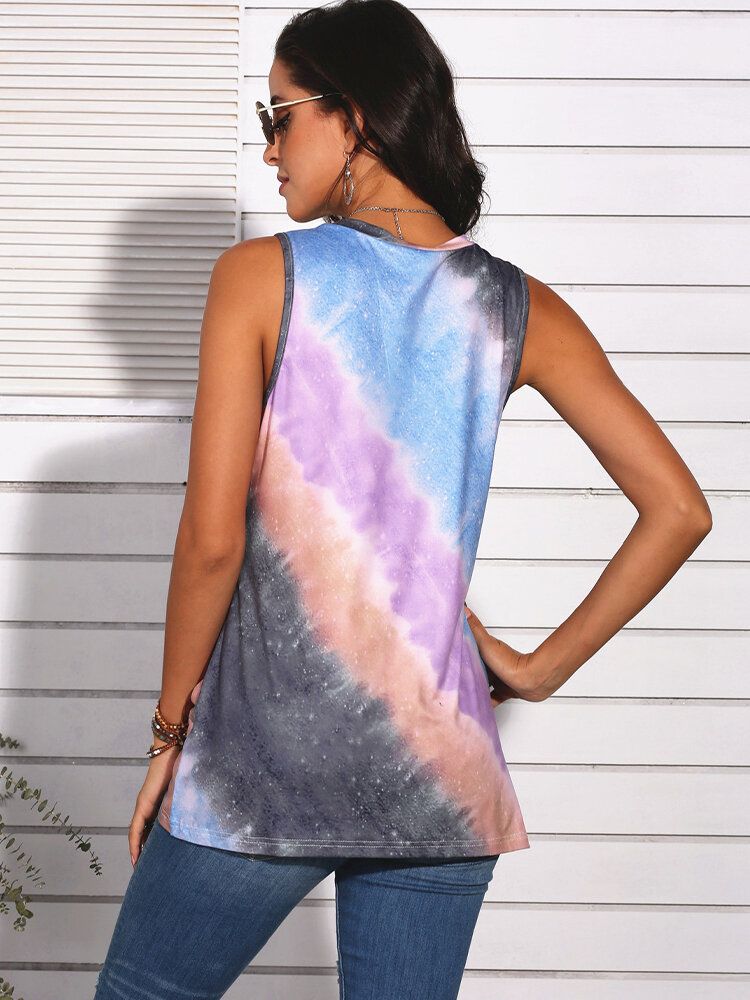 Tie-dye Gradient Print Sin Mangas O-cuello Camisetas Sin Mangas Casuales Para Mujeres