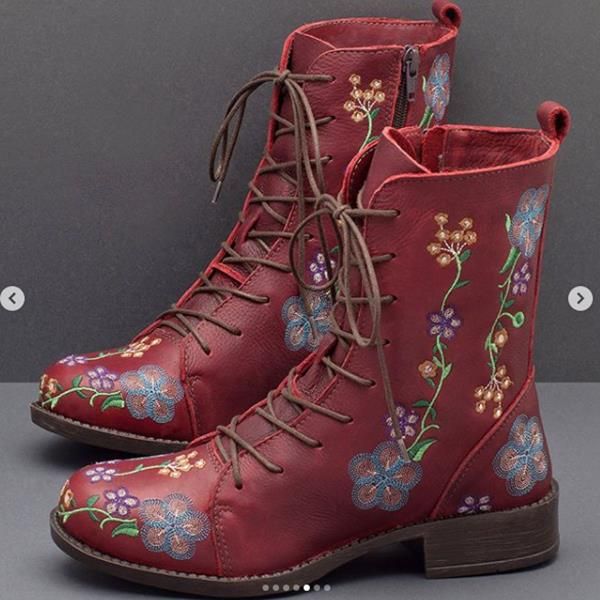 Botas A Media Pierna Con Estampado De Flores Retro Para Mujer